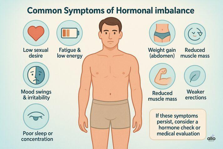 Hormonal Imbalance and Erectile Dysfunction: Understanding the Link 4 “Infographic of a male figure surrounded by icons for low sexual desire, fatigue, mood swings, weight gain, reduced muscle mass, weaker erections, and poor sleep — symptoms of hormonal imbalance.”