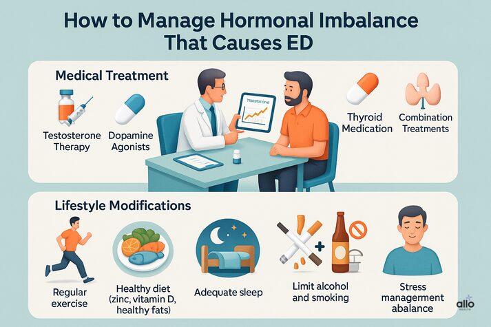 Hormonal Imbalance and Erectile Dysfunction: Understanding the Link 5 “Infographic divided into medical and lifestyle treatments for hormonal erectile dysfunction — testosterone therapy, thyroid medication, exercise, diet, sleep, and stress management.”