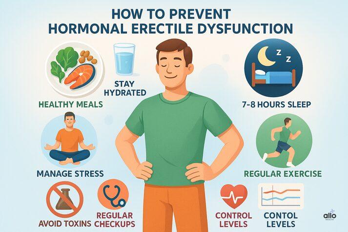 Hormonal Imbalance and Erectile Dysfunction: Understanding the Link 6 “Infographic showing prevention tips for hormonal erectile dysfunction — healthy meals, hydration, good sleep, exercise, stress management, avoiding toxins, and regular health checkups.”