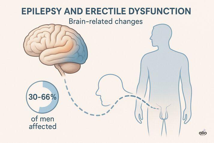 “Medical illustration showing brain-related causes of erectile dysfunction in epilepsy, highlighting disrupted brain signals and showing 30–66% of men affected.”