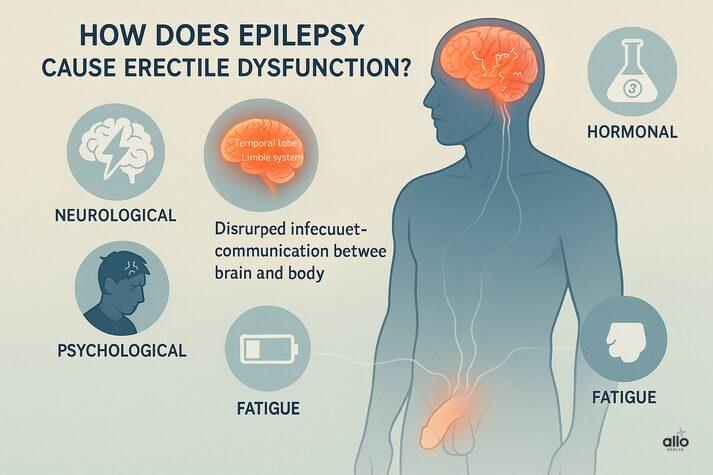 “Infographic showing how epilepsy causes erectile dysfunction through neurological, hormonal, and psychological pathways, disrupting brain-to-body communication.”
