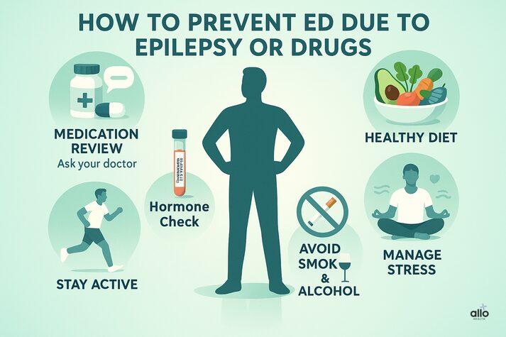 “Infographic showing lifestyle habits to prevent erectile dysfunction in epilepsy — medication review, hormone testing, healthy diet, exercise, stress control, and avoiding smoking or alcohol.”