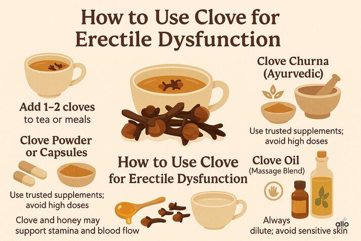 Clove for Erectile Dysfunction: Benefits, Uses, and Effects on Sexual Health 3 “Infographic showing different ways to use clove for erectile dysfunction — including tea, capsules, Ayurvedic churna, diluted clove oil massage, and clove with honey.”