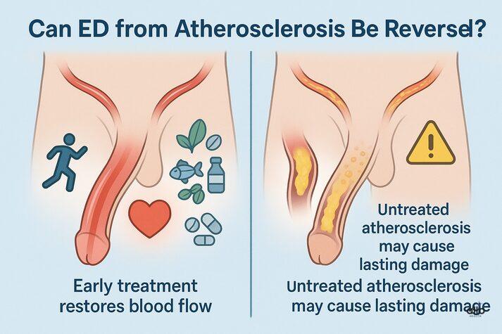 “Medical illustration comparing treated and untreated atherosclerosis, showing how early treatment can restore blood flow and prevent permanent erectile dysfunction.”