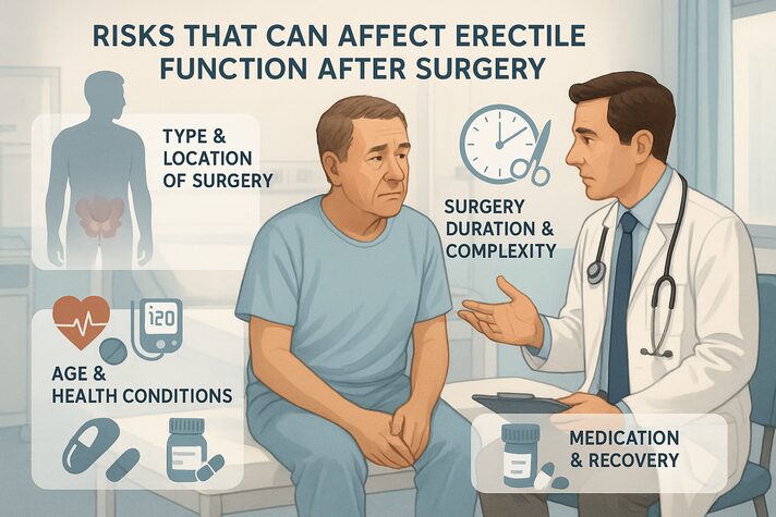 Erectile Dysfunction After Surgery: Risks And Recovery After Surgery 3 “Illustration of a doctor talking to a patient in a clinic, explaining risks that can affect erectile function after surgery. Surrounding icons highlight factors such as type and location of surgery, surgery duration and complexity, age and health conditions, and medication and recovery.”