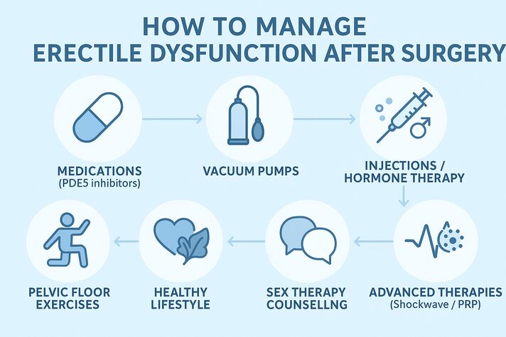 Erectile Dysfunction After Surgery: Risks And Recovery After Surgery 4 Realistic infographic showing how to manage erectile dysfunction after surgery, featuring treatment options like medications, vacuum devices, injections, hormone therapy, pelvic floor exercises, lifestyle changes, counseling, and advanced therapies such as shockwave or PRP.”