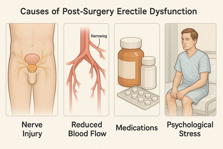 Erectile Dysfunction After Surgery: Risks And Recovery After Surgery 2 “Realistic medical infographic showing a male body outline with highlighted pelvic nerves, narrowed blood vessels to the penis, common medications, and a man sitting worried on a hospital bed, illustrating how surgery can affect erectile function through nerve injury, reduced blood flow, medication side effects, and psychological stress.”