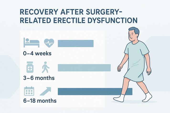 Erectile Dysfunction After Surgery: Risks And Recovery After Surgery 5 “Infographic showing recovery timeline after surgery-related erectile dysfunction. Bar chart displays three phases: 0–4 weeks focused on rest and healing, 3–6 months with gradual improvement, and 6–18 months reflecting ongoing nerve recovery. A man in a hospital gown is shown walking, representing progress over time.”