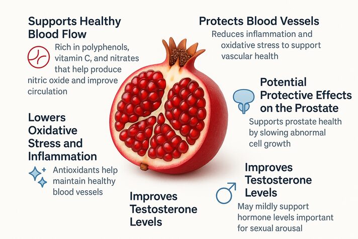 Pomegranate For Erectile Dysfunction: Benefits, Uses & Effects On Sexual Health 2 Flat infographic showing ways to use pomegranate for erectile dysfunction: seeds, juice, extract, and supplements, with labels highlighting antioxidants, blood flow support, and advice to consult a healthcare provider.”