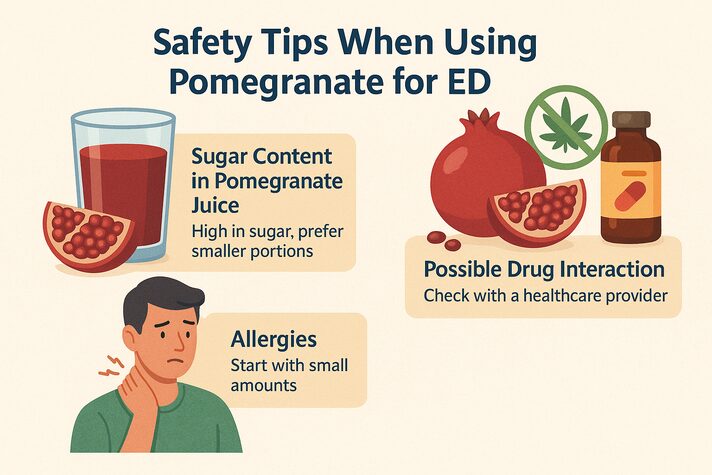 Pomegranate For Erectile Dysfunction: Benefits, Uses & Effects On Sexual Health 4 Infographic titled ‘Safety Tips When Using Pomegranate for ED,’ showing a glass of pomegranate juice with a note about high sugar content, a pomegranate and supplement bottle indicating possible drug interactions, and an illustration of a man with a rash representing allergy precautions.”