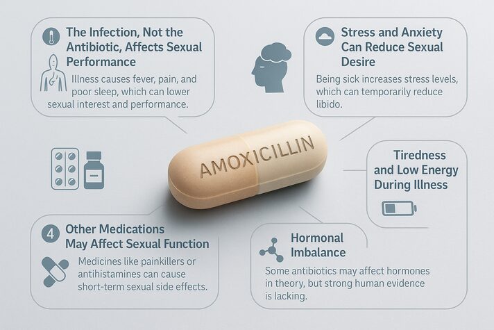 “Realistic medical image of an amoxicillin tablet with callout icons showing how infection symptoms, stress, other medications, low energy, and hormonal changes can indirectly affect sexual health.”