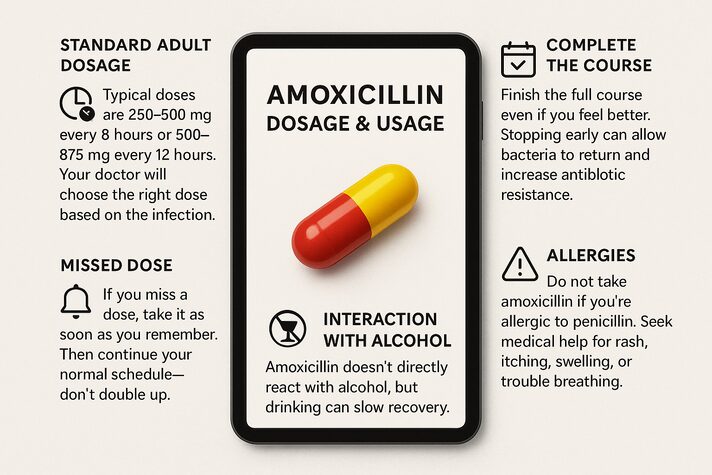 “Realistic image of an amoxicillin tablet with callout icons explaining dosage, completing the course, missed doses, alcohol precautions, and allergy warnings.