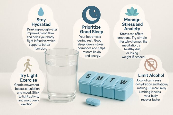 “Realistic health-focused image with water, medication organizer, and lifestyle icons showing hydration, sleep, stress control, light exercise, and alcohol limits to manage temporary erectile dysfunction during amoxicillin use.”
