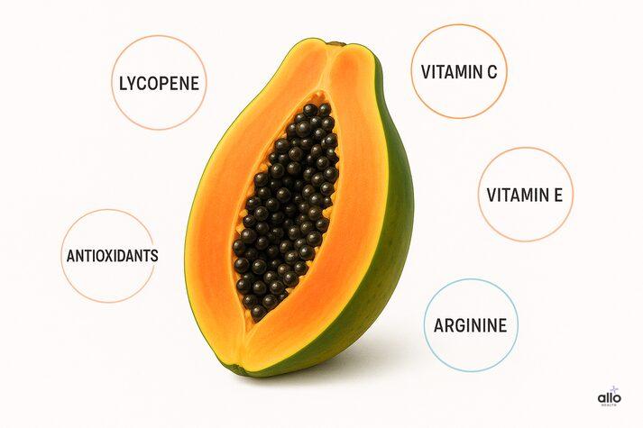 A halved papaya with labeled nutrient callouts around it, including lycopene, Vitamin C, Vitamin E, antioxidants, and arginine.