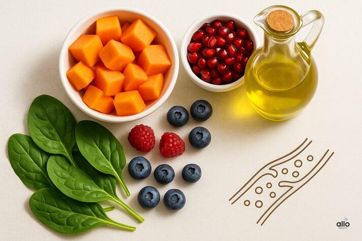 A flat-lay of heart-healthy foods including papaya cubes, pomegranate seeds, spinach, berries, and olive oil, with a simple blood vessel illustration beside them.