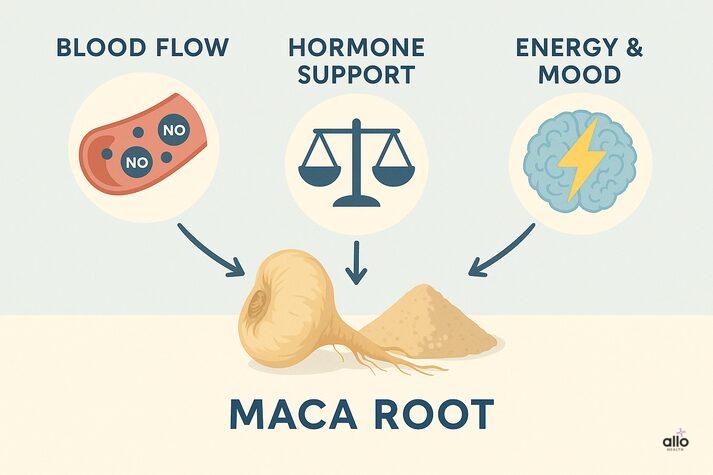 “Infographic showing how maca root supports blood flow, hormone balance, and energy and mood, with illustrated icons and a maca root image.”