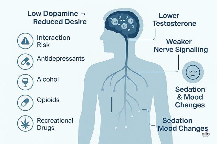 “Medical infographic showing how diazepam affects dopamine, testosterone, nerve signals, mood, and drug interactions linked to erectile dysfunction.”