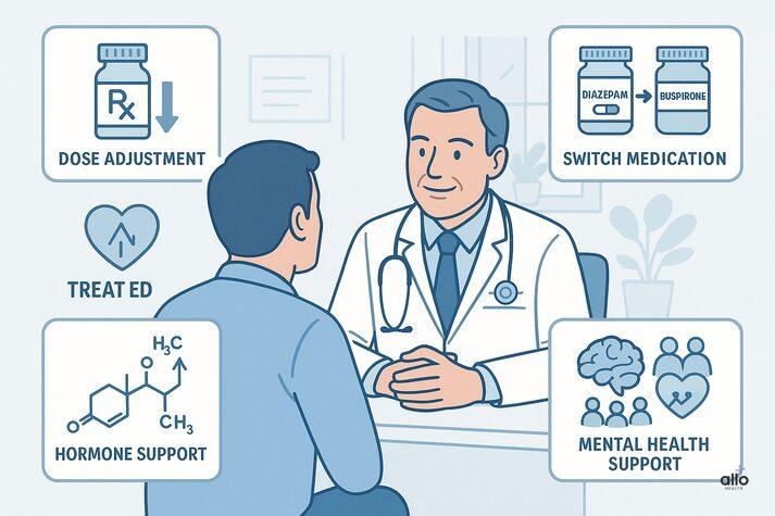 “Medical infographic showing ways to manage ED caused by diazepam, including dose adjustment, switching medications, ED treatments, hormone support, and mental health therapies.”