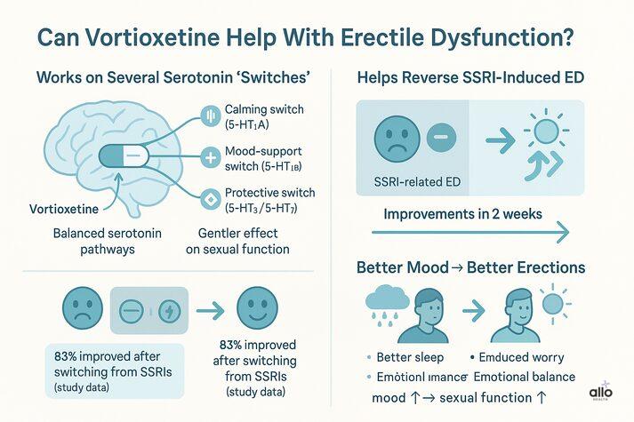 Vortioxetine and Erectile Dysfunction: Does This Antidepressant Affect Libido? 3 A medical infographic showing how vortioxetine may improve erectile dysfunction. Left side: A simple brain diagram with labeled serotonin “switches” (calming, mood-support, protective). Text notes that vortioxetine has a gentler effect on sexual function. Middle: A before-and-after panel showing a low mood icon transitioning to a brighter mood, with text stating improvements in SSRI-related ED within two weeks. Bottom: Icons representing better sleep, reduced worry, and emotional balance, with text explaining that improved mood supports healthier erections.