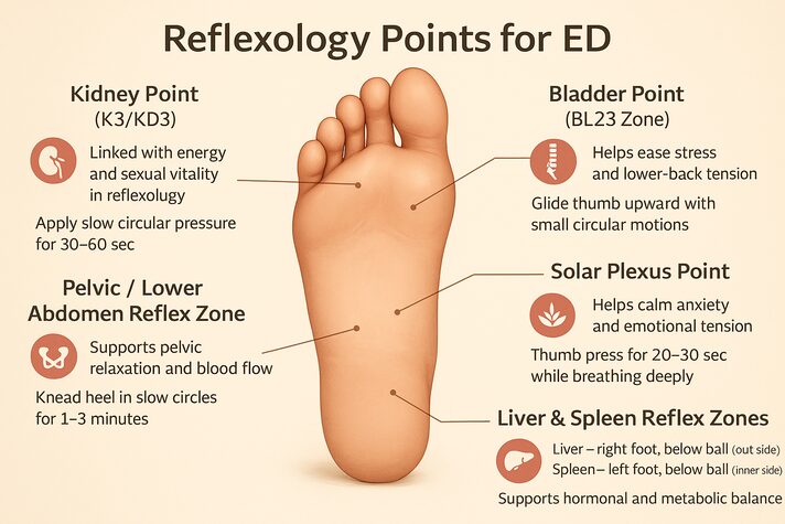 Reflexology For Erectile Dysfunction: Pressure Points To Boost Sexual Energy 3 A detailed reflexology infographic with a realistic foot image and labeled reflexology points for erectile dysfunction, including Kidney K3, Bladder Zone, Pelvic Reflex Zone, Solar Plexus Point, and Liver & Spleen reflex areas, with short instructions for each.