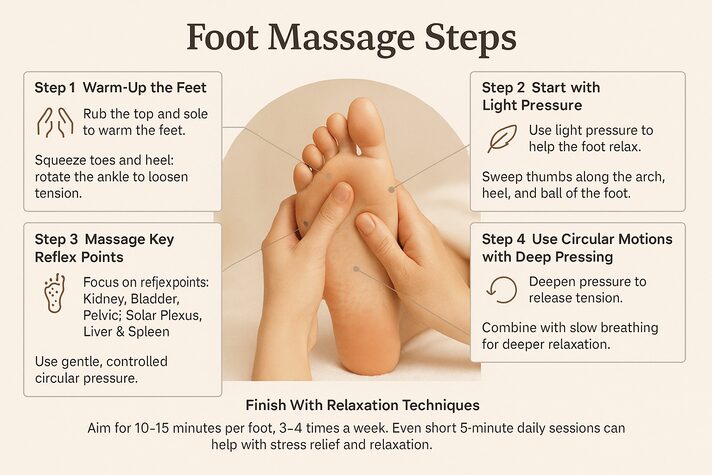 Reflexology For Erectile Dysfunction: Pressure Points To Boost Sexual Energy 4 An infographic demonstrating step-by-step foot massage techniques for ED support, including warm-up, light pressure, reflex point massage, circular deep pressing, and relaxation techniques, with clear visuals and short descriptions