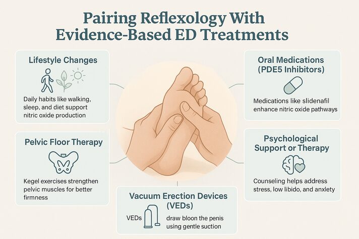Reflexology For Erectile Dysfunction: Pressure Points To Boost Sexual Energy 5 A semi-realistic infographic titled “Pairing Reflexology With Evidence-Based ED Treatments,” showing five callouts for lifestyle changes, PDE5 medications, pelvic floor therapy, psychological support, and vacuum erection devices, arranged around a soft central foot massage illustration.
