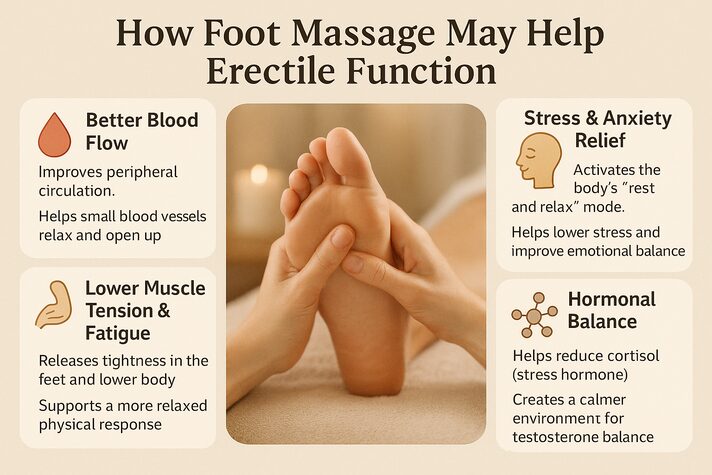 Reflexology For Erectile Dysfunction: Pressure Points To Boost Sexual Energy 2 A warm-toned infographic showing a realistic foot massage at the center with four callouts: better blood flow, stress and anxiety relief, lower muscle tension and fatigue, and hormonal balance. Each callout includes icons and short explanations.