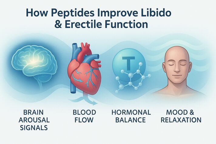 Semi-realistic medical infographic showing how peptides improve libido and erectile function by supporting brain arousal signals, blood flow, hormonal balance, and emotional well-being; non-explicit and educational.