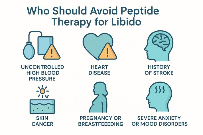 Infographic listing people who should avoid peptide therapy for libido including those with uncontrolled high blood pressure, heart disease, stroke history, skin cancer risk, pregnancy or breastfeeding, and severe anxiety or mood disorders; non-explicit and medical safety-focused.