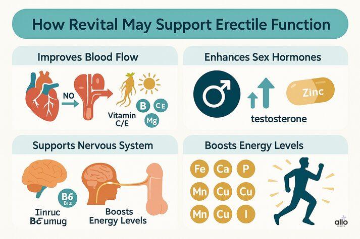 “Infographic explaining how Revital may support erectile function, including improved blood flow through nitric oxide and vitamins, enhanced sex hormones like testosterone with zinc, support for the nervous system with B vitamins, and boosted energy levels with essential minerals. Uses simple illustrations of a heart, nerves, testosterone symbol, and a running figure.”