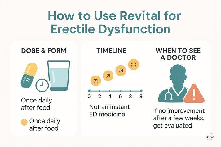 “Infographic showing how to use Revital for erectile dysfunction, including recommended dose and form taken once daily after food, timeline showing that it is not an instant ED medicine and may take weeks, and guidance to see a doctor if there is no improvement after a few weeks. Includes icons of capsules, a glass of water, a timeline chart, and a doctor silhouette with a caution symbol.”