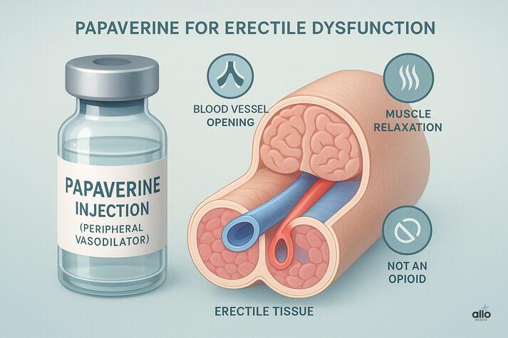 “Medical illustration of papaverine injection vial beside a penis cross-section showing blood vessel opening, smooth muscle relaxation, and ‘not an opioid’