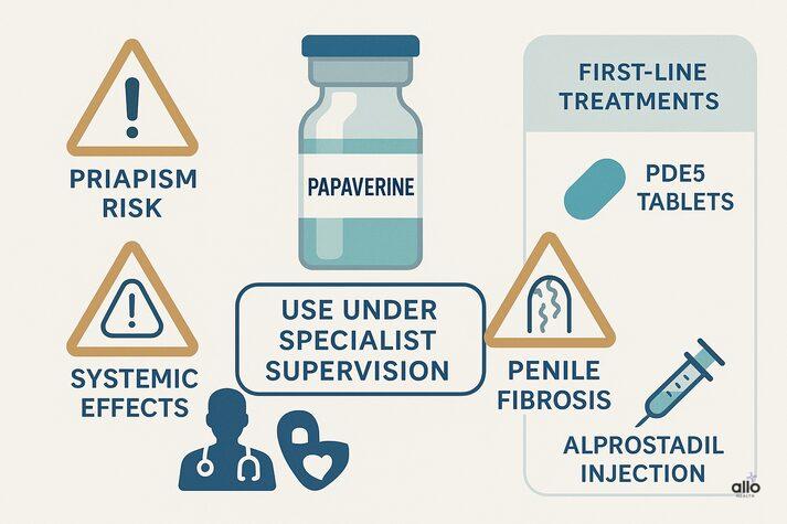 “Infographic showing papaverine vial with warning icons for priapism risk, systemic side effects, penile fibrosis, and comparison to first-line ED treatments like PDE5 tablets and alprostadil.”