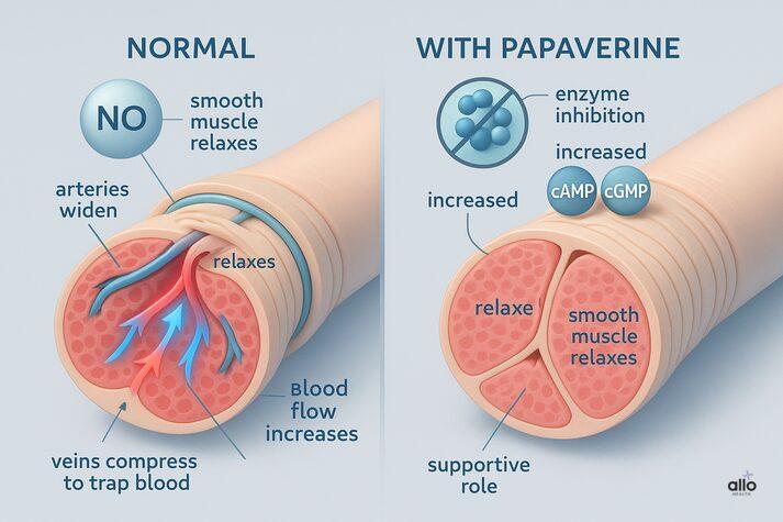“Medical cross-section diagram comparing a normal erection with papaverine-induced erection. Shows arteries widening, smooth muscle relaxation, increased blood flow, and enzyme inhibition leading to higher cAMP and cGMP levels.”