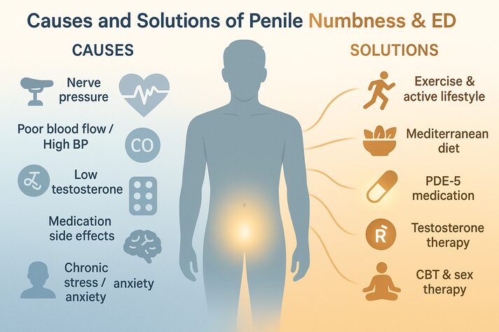 Vertical infographic illustrating causes and solutions of penile numbness and erectile dysfunction. Top half shows causes such as nerve pressure from cycling, poor blood flow, low testosterone, medication side effects, and stress in blue tones. Bottom half shows recovery options like exercise, Mediterranean diet, PDE-5 medication, testosterone therapy, and psychological counseling in warm gold tones. A gradient divider labeled “Path to Recovery” connects both sections, symbolizing healing. Non-explicit, educational medical design for mobile viewing.