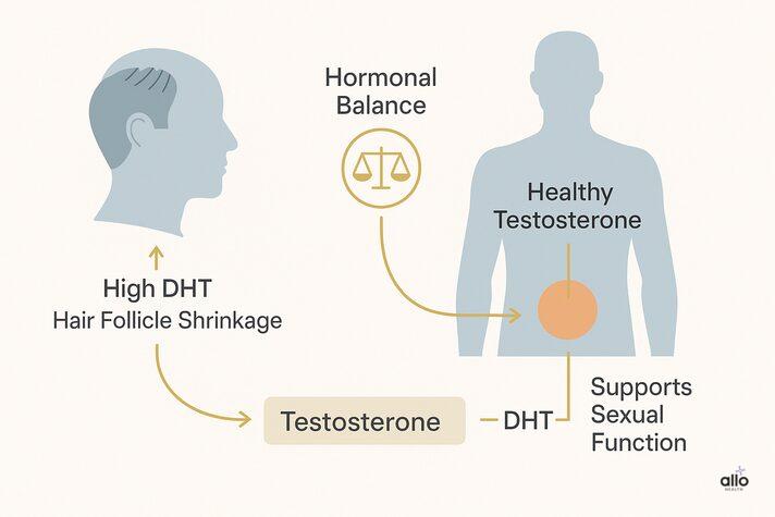 “Informational medical illustration explaining can alopecia cause erectile dysfunction through hormonal imbalance between testosterone and DHT affecting hair loss and sexual function.”