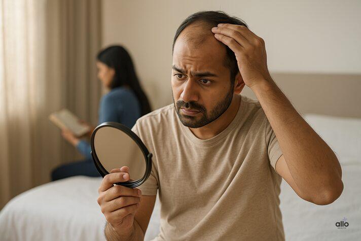“Realistic image of an Indian man looking at his thinning hair in the mirror with his partner in the background, illustrating how stress and self-esteem may explain can alopecia cause erectile dysfunction.”