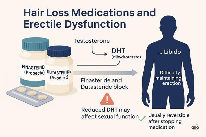 “Clean infographic showing how finasteride and dutasteride block DHT and may explain can alopecia cause erectile dysfunction by affecting hormones and libido.”