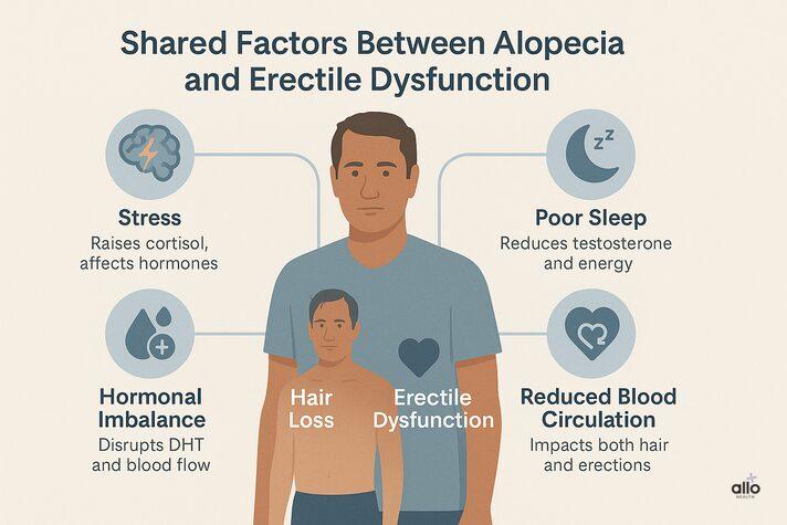 “Educational infographic showing shared causes like stress, poor sleep, hormonal imbalance, and low blood flow that may explain can alopecia cause erectile dysfunction.”