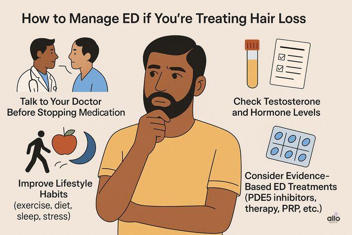 “Medical infographic explaining steps to manage erectile dysfunction while treating hair loss, showing how to address can alopecia cause erectile dysfunction safely with medical advice and lifestyle changes.”