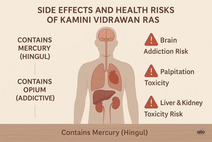 Kamini Vidrawan Ras ke side effects jaise liver aur brain par khatra, mercury aur afeem ke nuksan dikhata hua infographic.