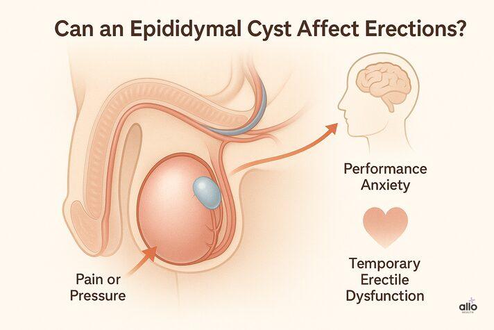 Epididymal Cyst and Erectile Dysfunction: Symptoms and Treatment 2 “Medical illustration showing how pain or pressure from an epididymal cyst can cause performance anxiety and temporary erectile dysfunction — explaining can epididymal cyst cause erectile dysfunction.”