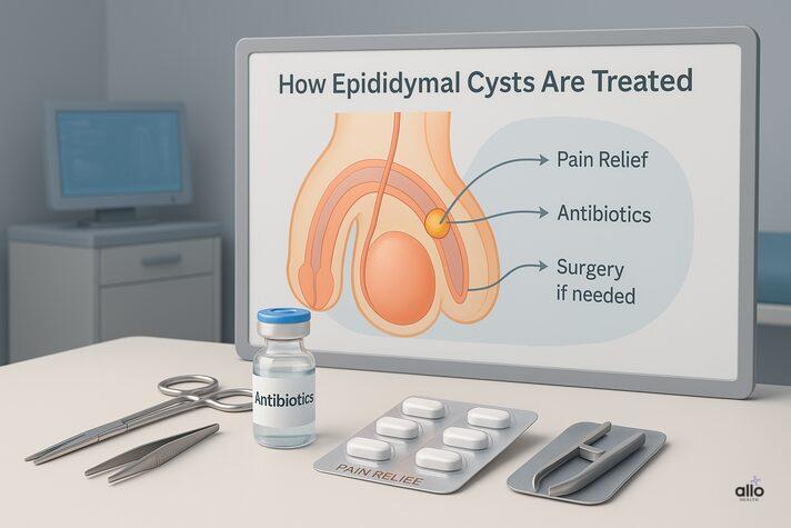 Epididymal Cyst and Erectile Dysfunction: Symptoms and Treatment 3 “3D realistic image showing treatment options for epididymal cyst including pain relief, antibiotics, and surgery, helping explain can epididymal cyst cause erectile dysfunction and how it’s managed.”