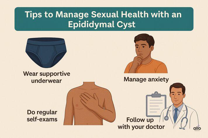 Epididymal Cyst and Erectile Dysfunction: Symptoms and Treatment 4 “Educational infographic with tips to manage sexual health and anxiety with an epididymal cyst, supporting the topic can epididymal cyst cause erectile dysfunction.”