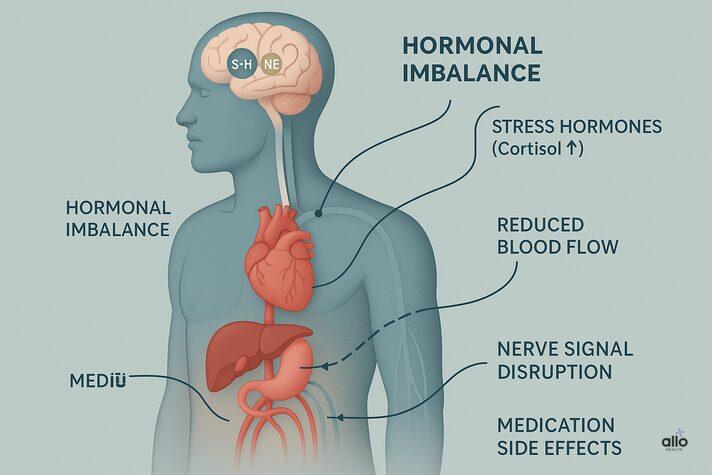 PTSD and Erectile Dysfunction: Trauma’s Impact on Sexual Health 3 “Infographic explaining the biological connection between PTSD and erectile dysfunction, with visuals of hormones, blood flow, and nerve pathways.”