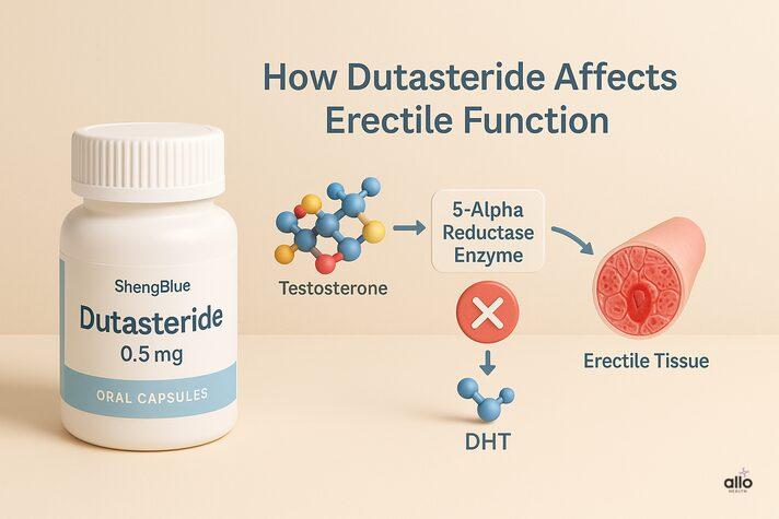 3D medical illustration showing testosterone converting to DHT with dutasteride blocking the enzyme, demonstrating how dutasteride erectile dysfunction occurs due to reduced hormone activity.