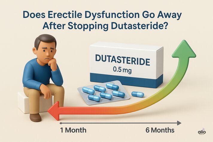 3D timeline visual showing improvement in erectile function over six months after stopping dutasteride, illustrating reversibility of dutasteride erectile dysfunction.