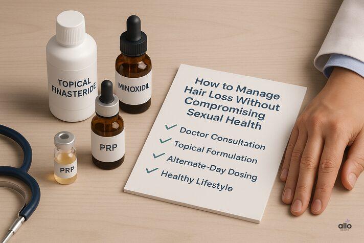 Realistic 3D flat-lay image showing topical finasteride, minoxidil, and PRP vials on a doctor’s desk, representing safe ways to manage hair loss without causing dutasteride erectile dysfunction.