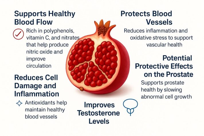 Pomegranate For Erectile Dysfunction: Benefits, Uses & Effects On Sexual Health 2 “Infographic showing the benefits of pomegranate for erectile dysfunction, including improved blood flow, reduced cell damage and inflammation, protection of blood vessels, potential prostate support, and mild support for hormone levels, illustrated with a sliced pomegranate in the center and labeled callouts around it.”