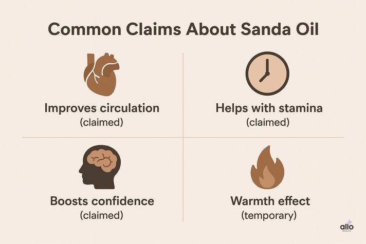 Infographic jisme sanda oil ke aam daave: behtar blood flow, stamina, confidence, aur warm effect ko icon ke saath dikhaya gaya hai.